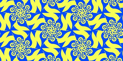 Abstract yellow symmetrical ornament pattern isolated on blue background design