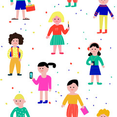 Kids in school seamless pattern, cute and funny design. Vector graphic illustration - 406364541