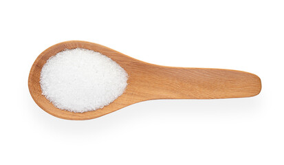 Monosodium Glutamate on wooden spoon isolated on white background. Top view