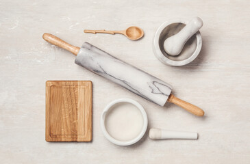 Set of cooking utensils on white table, flat lay