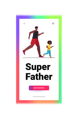 african american father running with little son parenting fatherhood concept dad spending time with his kid vertical copy space full length vector illustration