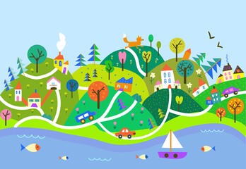Cute landscape for kids - banner for travel, holiday or tourism with houses, trees, roads, sea, fox. Vector graphic illustration - 406364753