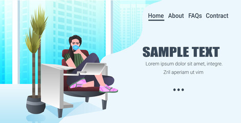 businesswoman in mask sitting at workplace and using laptop coronavirus pandemic concept modern office interior horizontal full length copy space vector illustration
