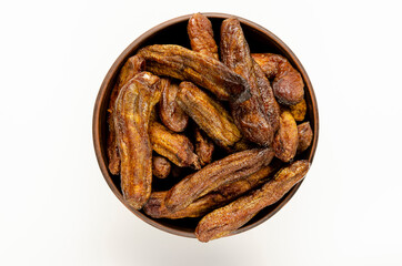 Dried bananas in the bowl isolated on white background