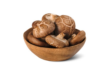 Shiitake Mushroom in wooden bowl isolated  on white background, clipping path.