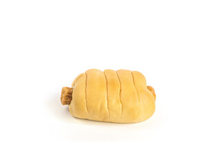 Bread with Sausage on white background. One sausage bread isolated picture. Homemade bakery concept.