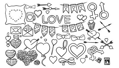 set of illustrations for Valentine day, letters, key, hearts