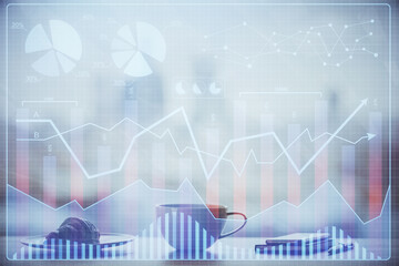 Double exposure of forex chart over coffee cup background in office. Concept of financial analysis and success.