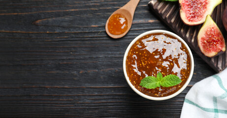 Flat lay composition with homemade delicious fig jam