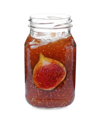 Fototapeta na wymiar Delicious fig jam with fresh fruit in glass jar isolated on white