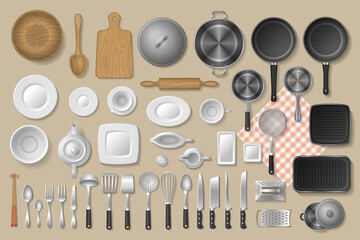 Vector set. Kitchen utensils. Top view. Kitchenware, cookware, kitchen tools collection. (view from above)