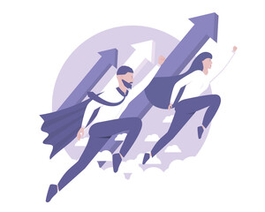  Businessman and woman are flying up. Reaching the goal and striving forward. Teamwork. Vector illustration for telework, remote working and freelancing concept, business, start up.