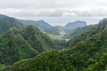 Fototapeta na wymiar Mountain rainforest Valley view from Balcoes Levada, Madeira Island