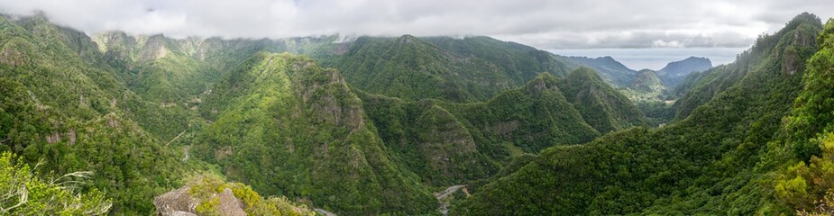 Mountain rainforest Valley Panorama view from Balcoes Levada, Madeira Island