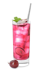 Delicious grape soda water isolated on white. Refreshing drink