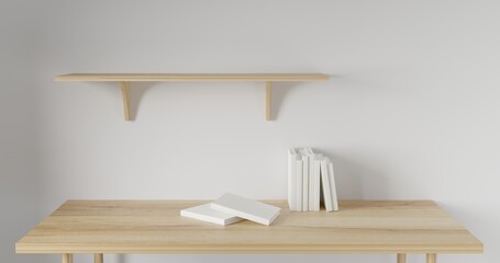 3d render Working desk with white background. blank book on wood table. minimal workspace. on shelf on wall concept template.