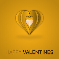 Vector 3d yellow folded paper hearts with different shaded halves and little white heart in the middle on a gradient gold background. Happy valentines sign at the bottom