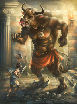 Theseus kills the minotaur in the maze. Digital illustration.
