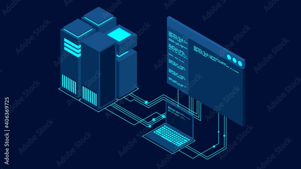 Poster concept of big data processing center loopable concept. isometric data center. hosting server or dat
