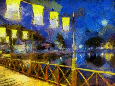 Wooden bridge and ancient lanterns at night Illustrations creates an impressionist style of painting. © Kittipong