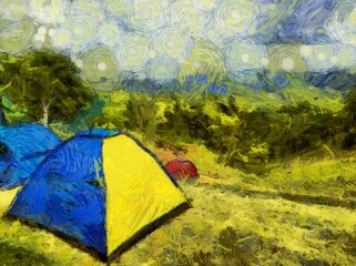 A tent on the mountain in the forest Illustrations creates an impressionist style of painting.