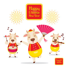 Oxes Dancing And Playing Music Together, Happy Chinese New Year, Year Of The Ox