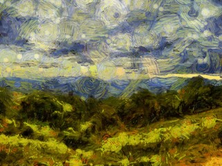 Landscape of mountains and forests Illustrations creates an impressionist style of painting.