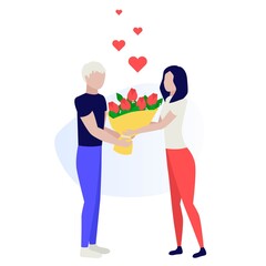 Happy young couple. Loving couple during date, romantic, hugging, kiss. Valentine's Day love and feelings. Human characters on white background. Color vector illustration