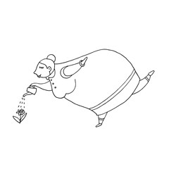 Big woman waters a flower from a watering can. Vector hand-drawn doodle illustration. Gardener. Body positive. Excess weight. Black and white outline.
