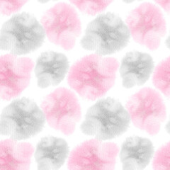 Seamless watercolor pattern of bright monochrome spots, splashes, brush strokes. Pink and gray. Watercolor texture. Design for backgrounds, wallpapers and more