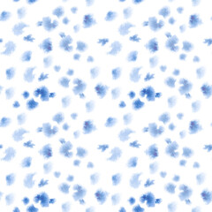Seamless watercolor pattern of bright monochrome spots, splashes, brush strokes. Blue. Watercolor texture.  Design for backgrounds, wallpapers and more

