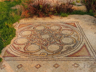 Remains of an ancient mosaic of a 6th-century Orthodox church at Tel Shikmona in Haifa, Israel.