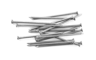Pile of metal nails on white background, top view