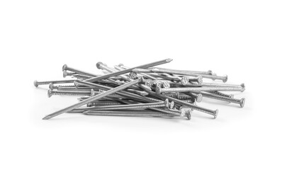 Pile of metal nails on white background