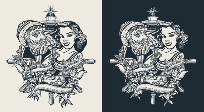 Sea wolf captain and sailor girl. Love story. Nautical art. Old school tattoo and t-shirt design. One color vector