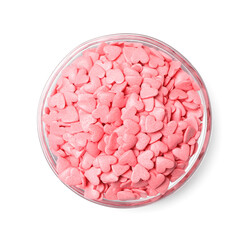 Sweet candy hearts in bowl on white background, top view