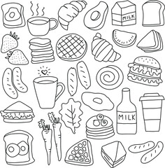 Hand drawn breakfast meal or fast food set on white background. Vector illustration in doodle style