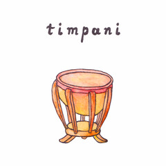 Timpani watercolor sketch. Hand drawn percussion musical instrument clip art illustration