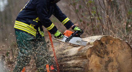 Feuerwehrmann mit Kettensäge beseitigt Sturmschaden