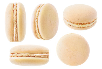 Isolated macarons collection. Caramel macaroon at different angles isolated on white background