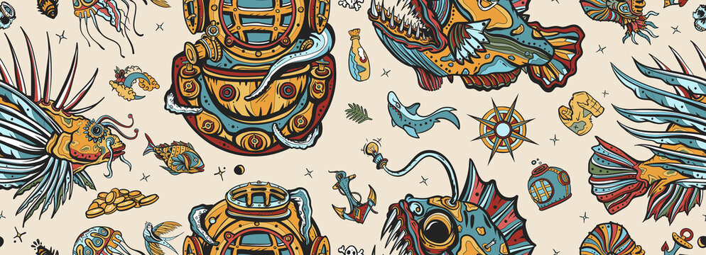 Underwater world seamless pattern. Old school tattoo style. Scuba diver helmet, octopus kraken  tentacles. Sea monsters. Angler fish, lionfish, jellyfish. Deep water diving. Life of ocean background