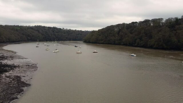 aerial  images of boats near Malpas cornwall England uk near truro 