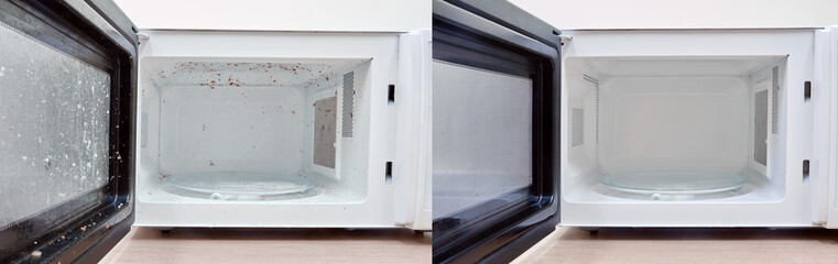 Clean niche and door of the microwave oven after washing. Kitchen appliances before and after...