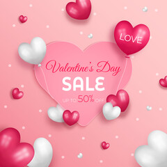 Valentine's Day sale promotion website design. and the background. and red and white hearts balloons mean love.and with seasonal deals. and can be used as illustration or backdrop.

