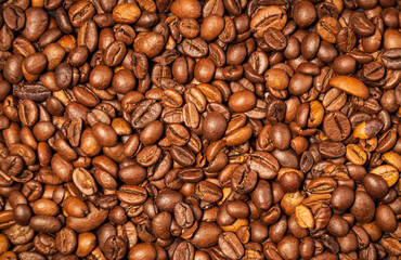 Roasted coffee beans background. Banner for coffee theme