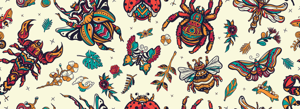 Insects background. Stag beetle, bee, bumblebee, butterfly, snail, scorpion, ladybug, spider, dragonfly. Old school tattoo vector seamless pattern