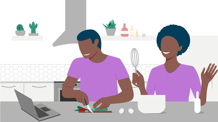 Happy black couple looks on laptop and cooking by online video tutorial in their kitchen. Online culinary school. Online courses, e-learning. Eps 10.