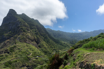 Fototapeta na wymiar Viewpoint into lush, forested mountain valley on Madeira Island