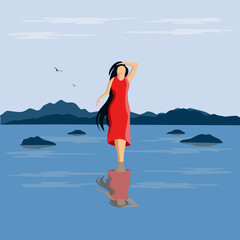 A girl standing in the water and look into the distance.