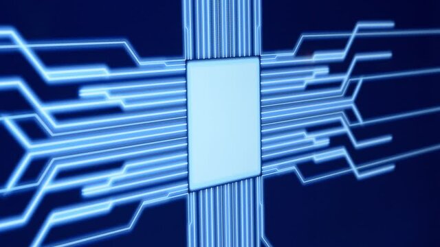 Human arm is pressing a digital button on a glowing touchscreen. Futuristic microprocessor is starting the operation of the computer program. Machine learning and artificial intelligence.